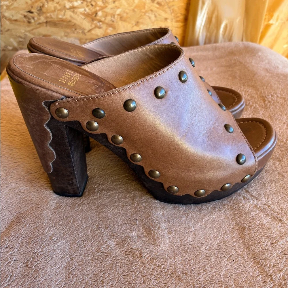 STUART WEITZAN Brown Leather Studded Peep Toe Clogs Size 9